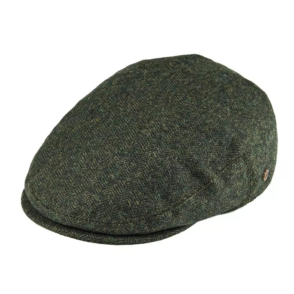 Men's Wool Herringbone Flat Cap with Side Button Tab