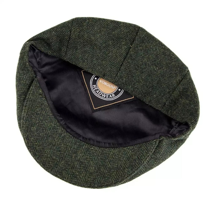 Men's Wool Herringbone Flat Cap with Side Button Tab
