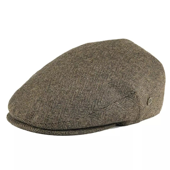 Men's Wool Herringbone Flat Cap with Side Button Tab