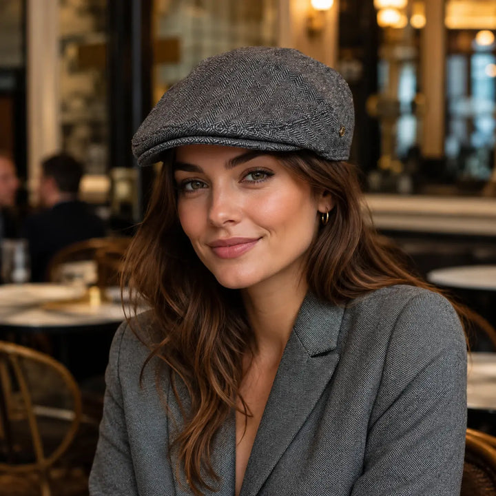 Men's Wool Herringbone Flat Cap with Side Button Tab