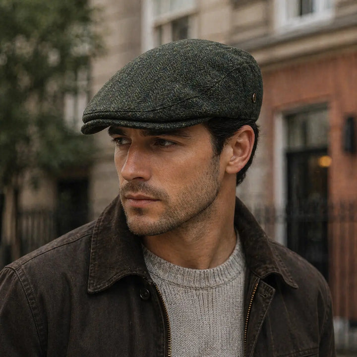 Men's Wool Herringbone Flat Cap with Side Button Tab