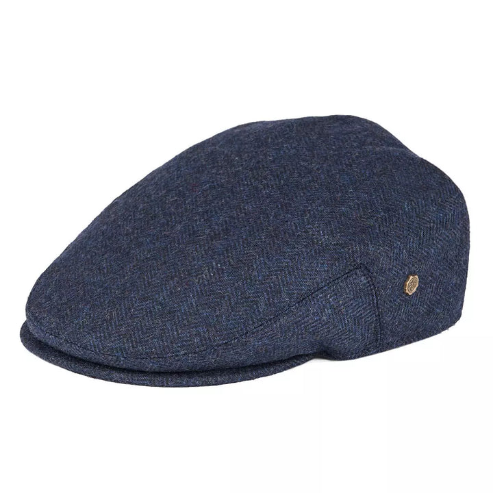 Men's Wool Herringbone Flat Cap with Side Button Tab