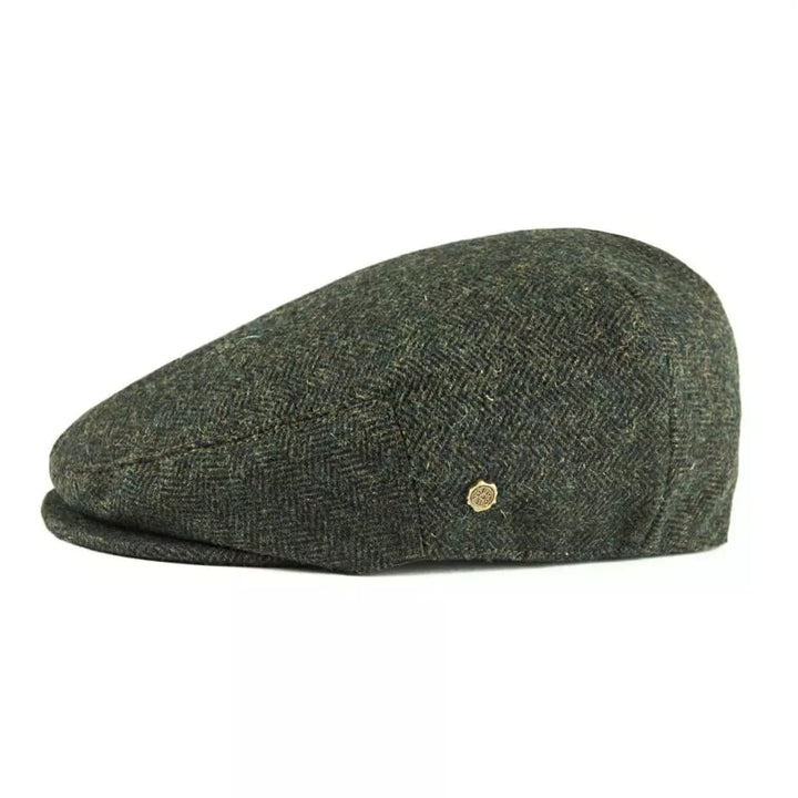Men's Wool Herringbone Flat Cap with Side Button Tab