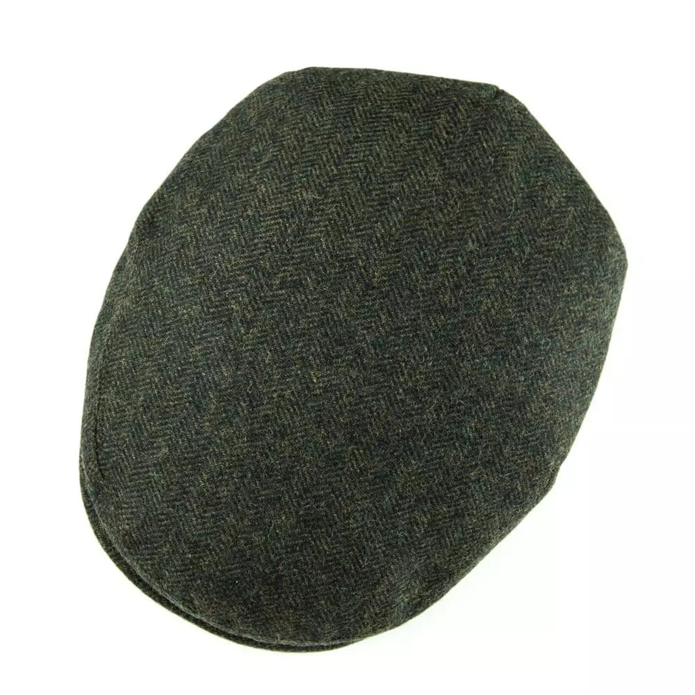 Men's Wool Herringbone Flat Cap with Side Button Tab