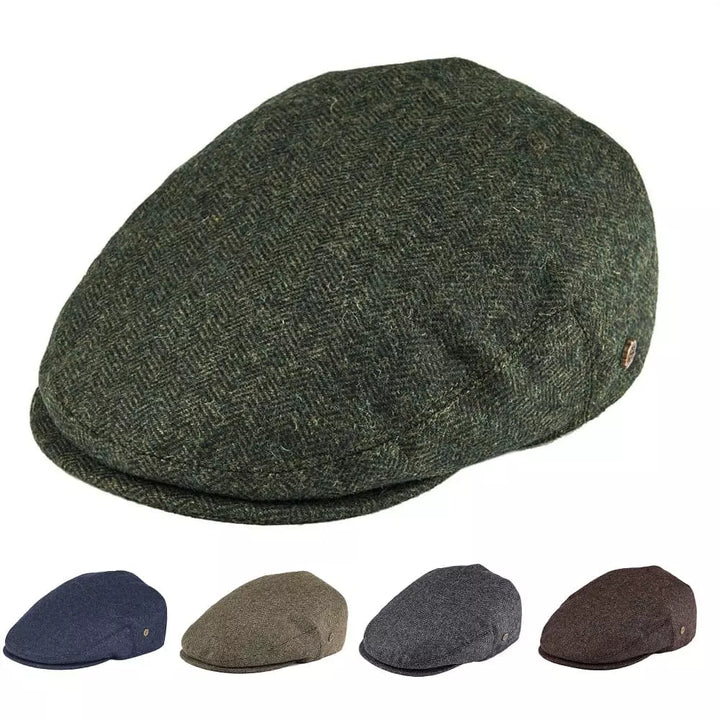 Men's Wool Herringbone Flat Cap with Side Button Tab