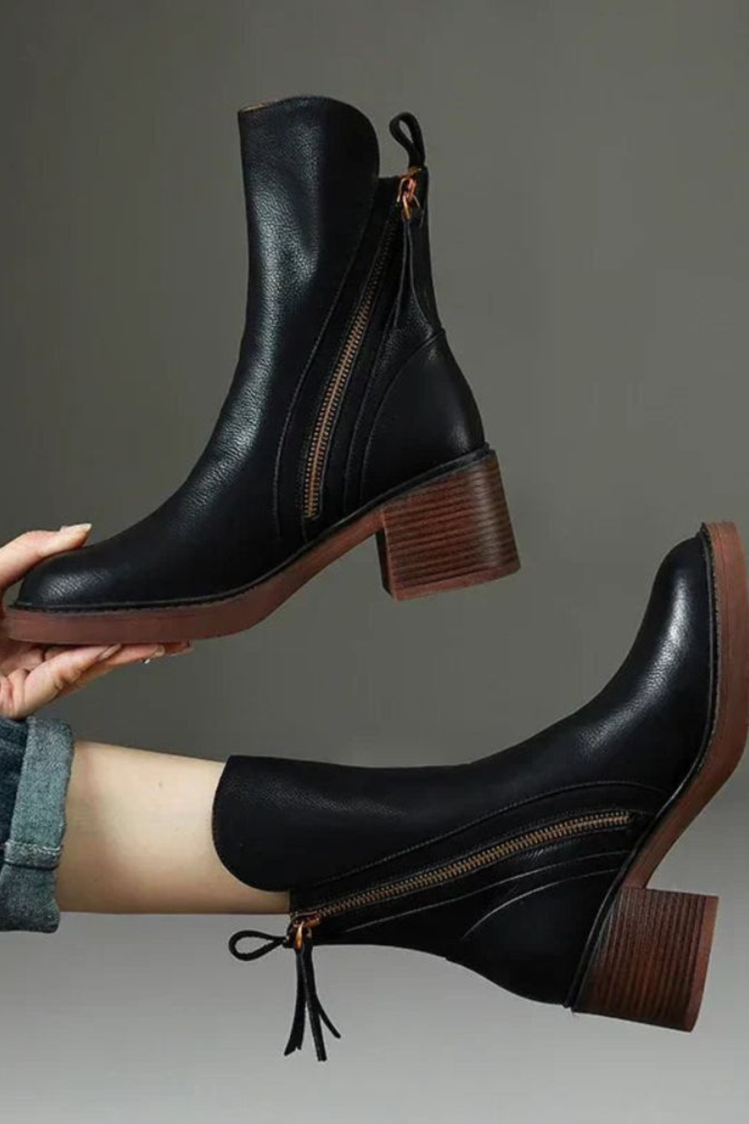 Women's Leather Ankle Boots with Diagonal Gold Zip