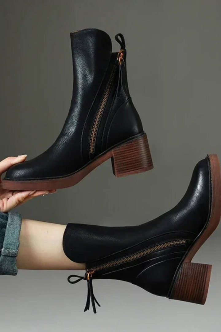 Women's Leather Ankle Boots with Diagonal Gold Zip