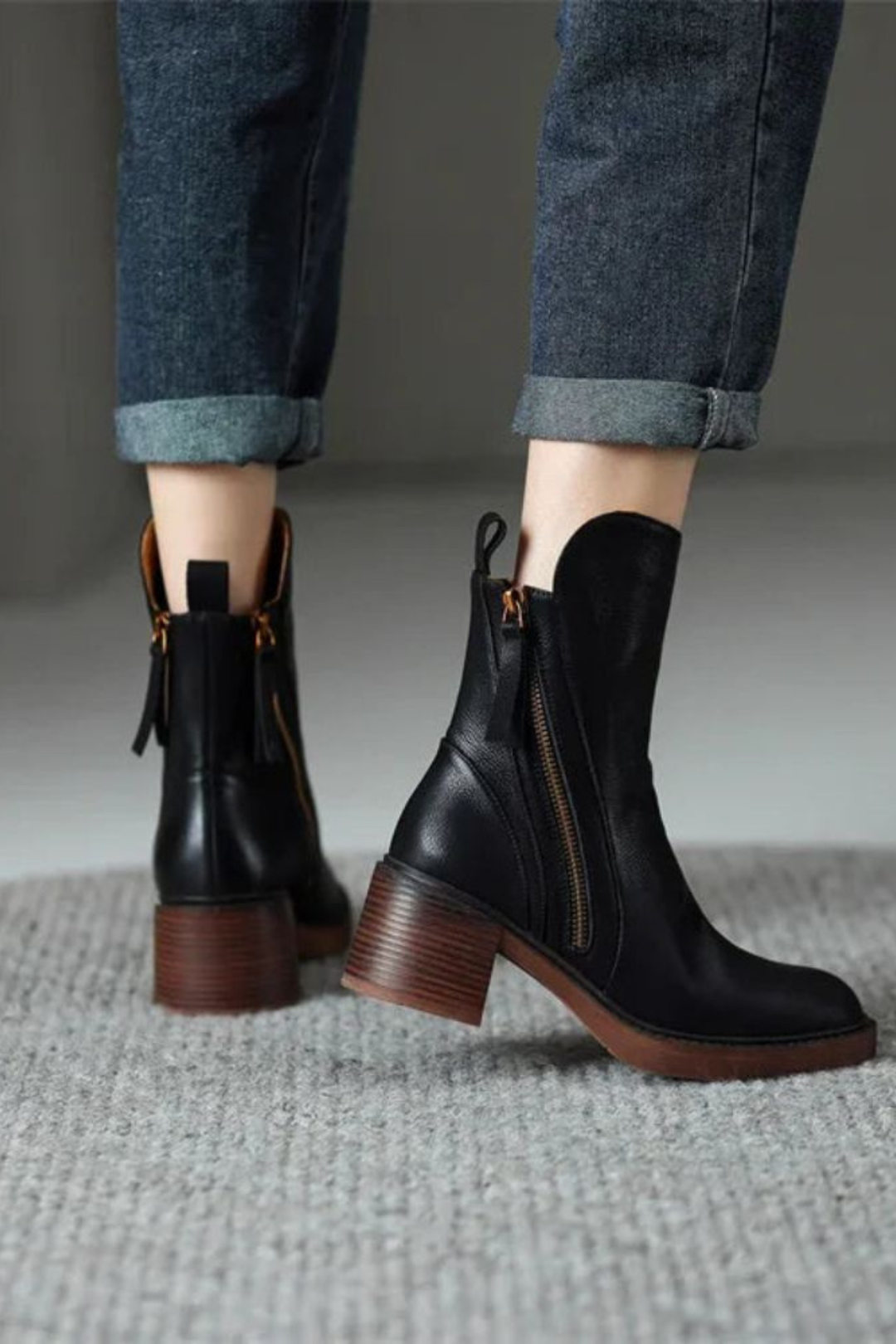 Women's Leather Ankle Boots with Diagonal Gold Zip