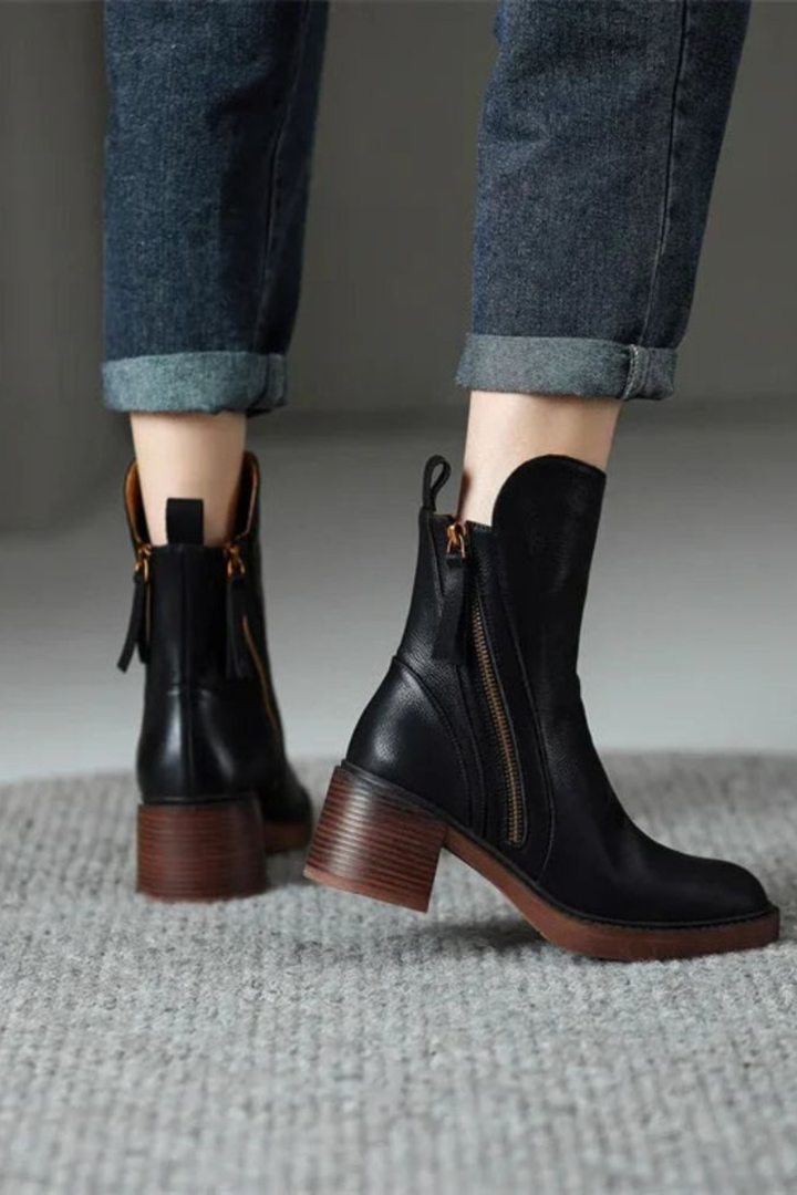 Women's Leather Ankle Boots with Diagonal Gold Zip