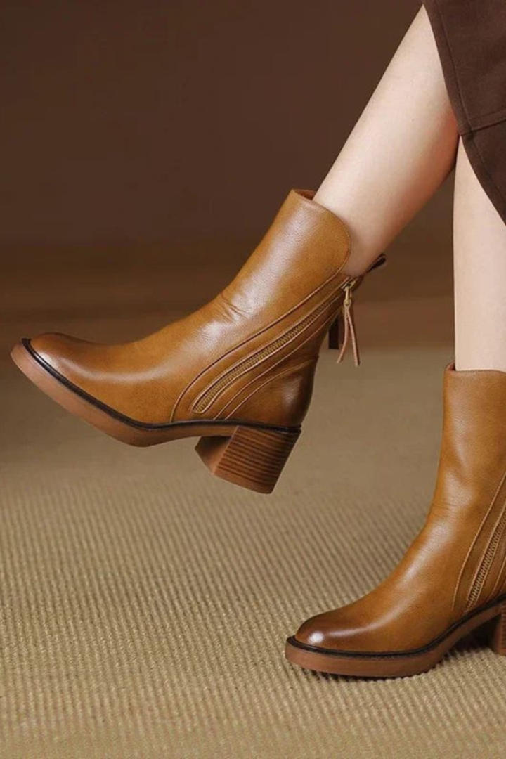 Women's Leather Ankle Boots with Diagonal Gold Zip
