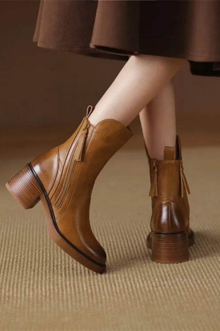 Women's Leather Ankle Boots with Diagonal Gold Zip