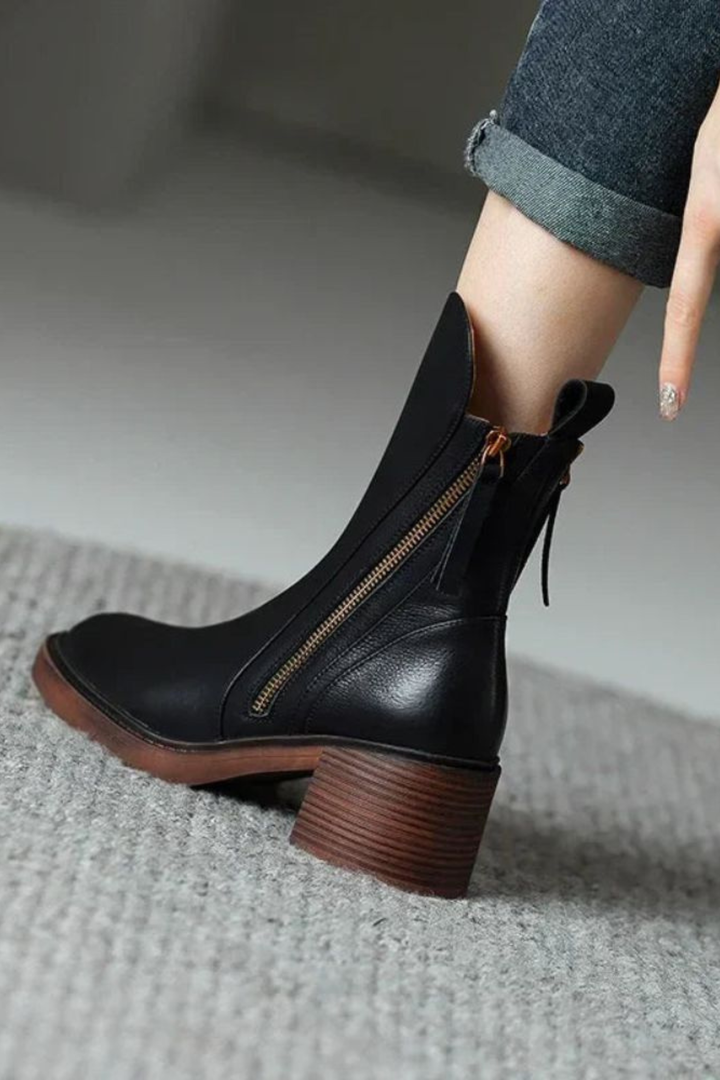 Women's Leather Ankle Boots with Diagonal Gold Zip