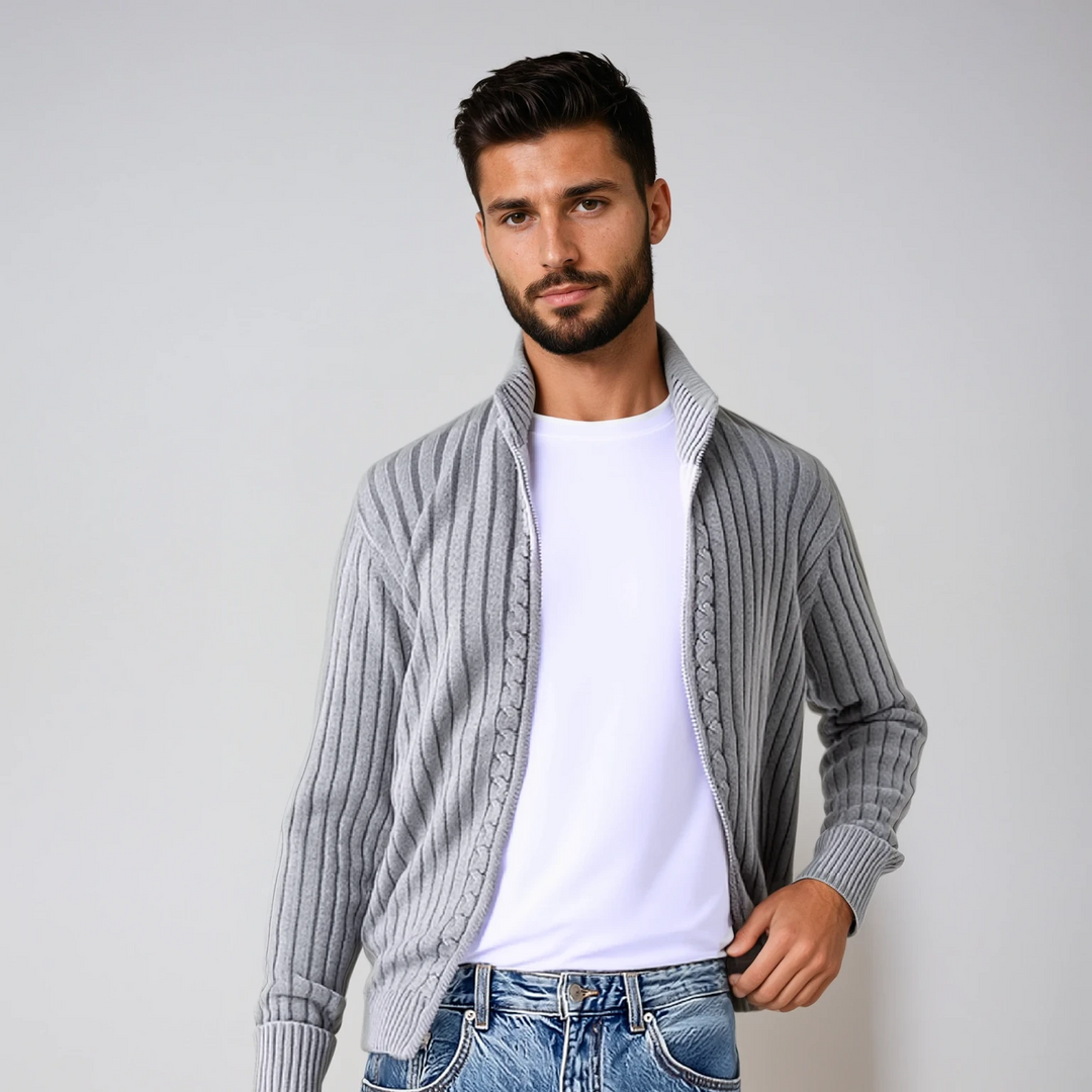 Men's Chunky Ribbed Zip-Up Knit Cardigan