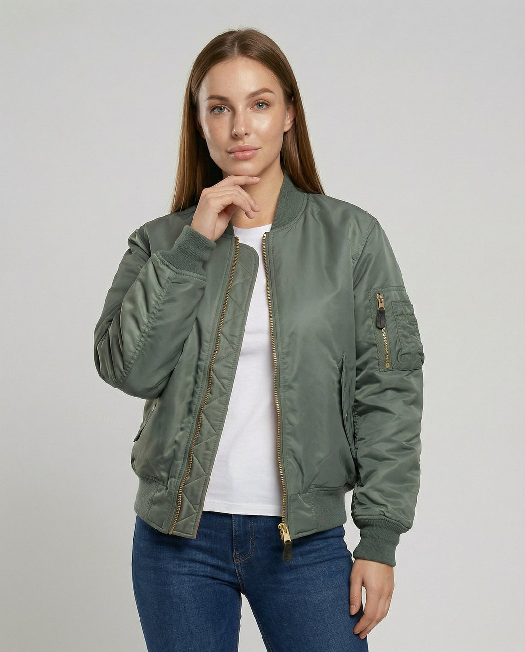 Bomber Jacket with Contrast Lining and Ribbed Trim