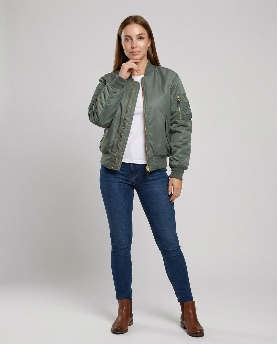 Bomber Jacket with Contrast Lining and Ribbed Trim