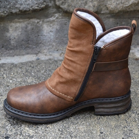 Women's Fleece-Lined Ankle Boots with Buckle Strap Detail