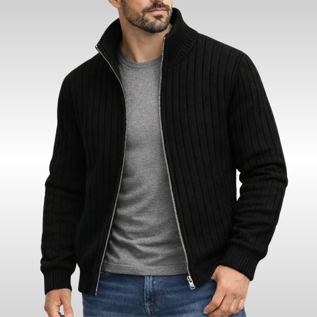 Men's Ribbed Knit Zip Cardigan with Stand Collar