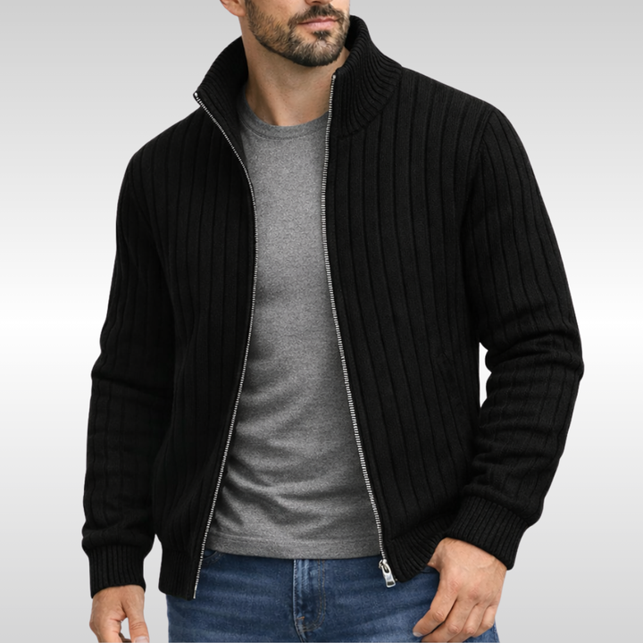 Men's Ribbed Knit Zip Cardigan with Stand Collar