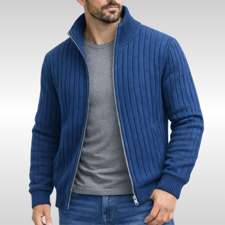 Men's Ribbed Knit Zip Cardigan with Stand Collar