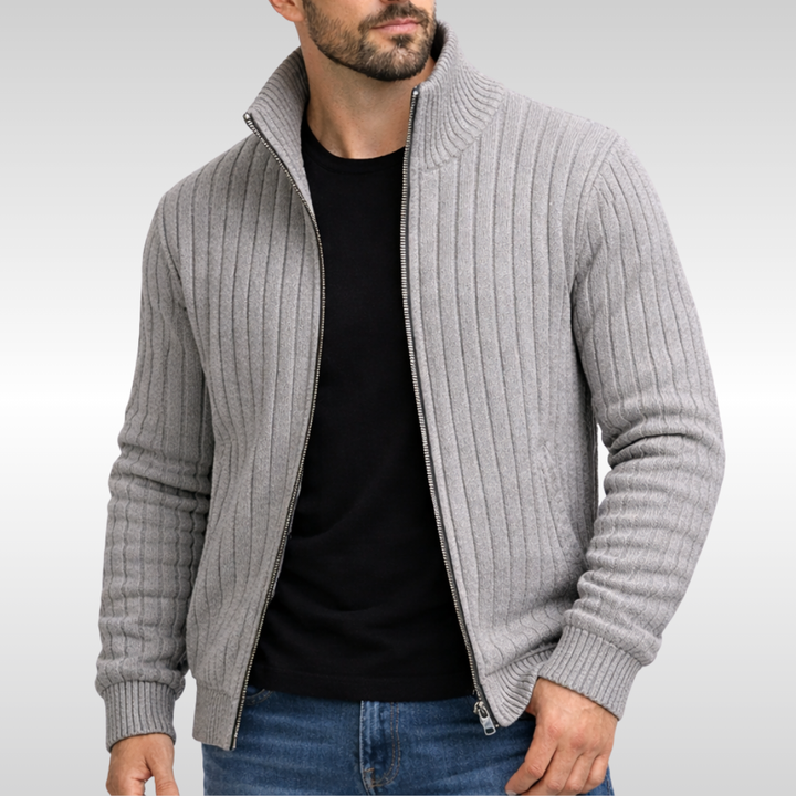 Men's Ribbed Knit Zip Cardigan with Stand Collar