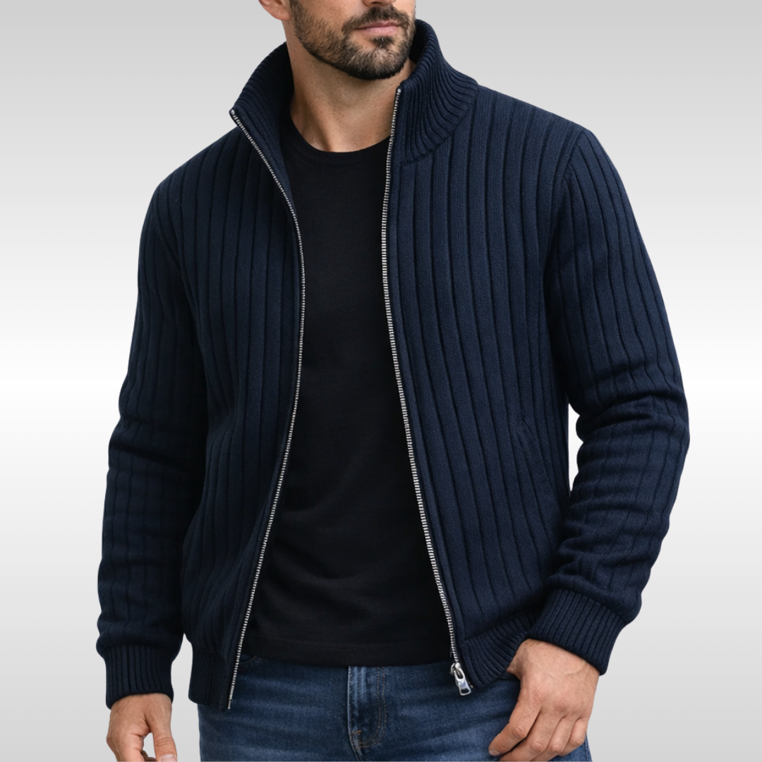 Men's Ribbed Knit Zip Cardigan with Stand Collar