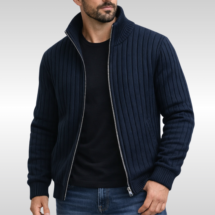 Men's Ribbed Knit Zip Cardigan with Stand Collar