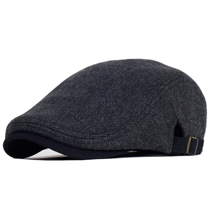 Men's Wool Herringbone Flat Cap with Buckle Strap