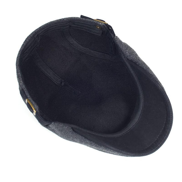 Men's Wool Herringbone Flat Cap with Buckle Strap