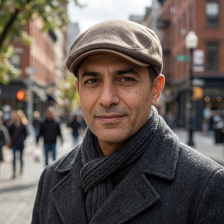 Men's Wool Herringbone Flat Cap with Buckle Strap