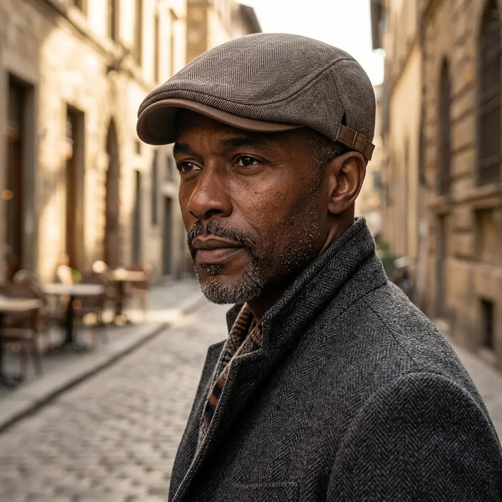 Men's Wool Herringbone Flat Cap with Buckle Strap