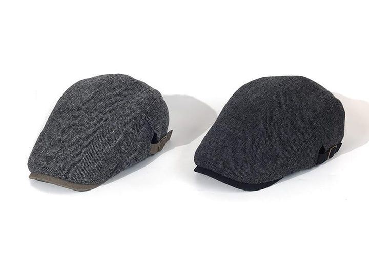 Men's Wool Herringbone Flat Cap with Buckle Strap