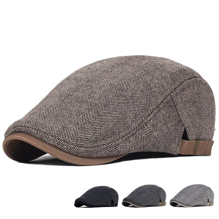Men's Wool Herringbone Flat Cap with Buckle Strap