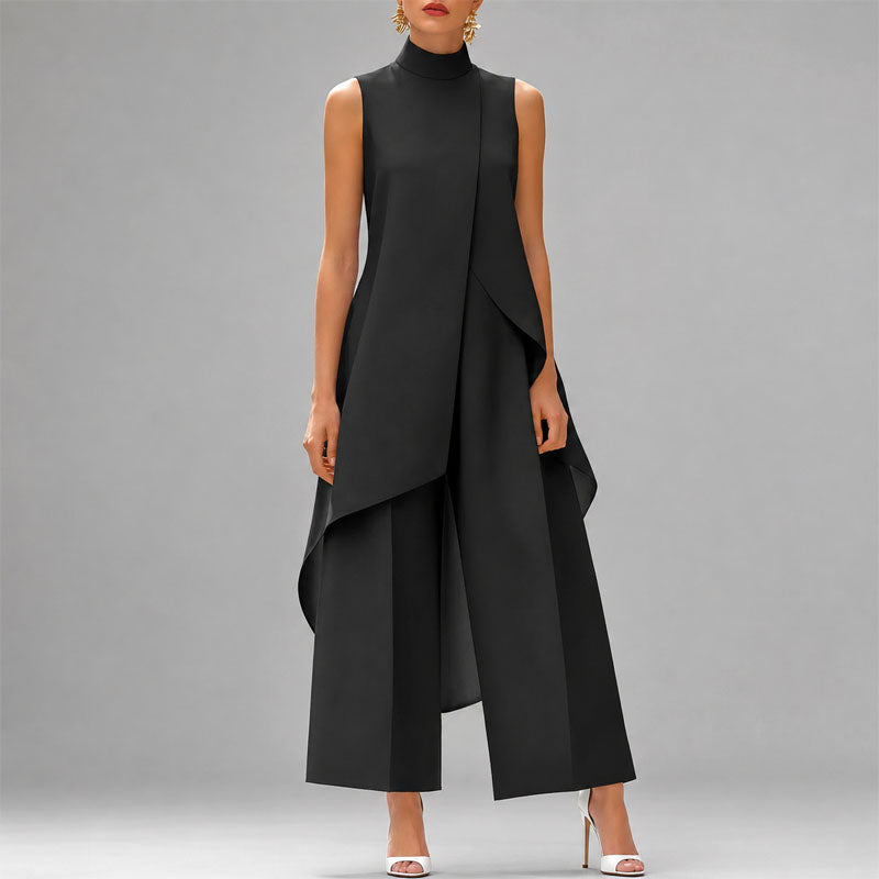Women's Draped High-Neck Top and Wide-Leg Pants Set