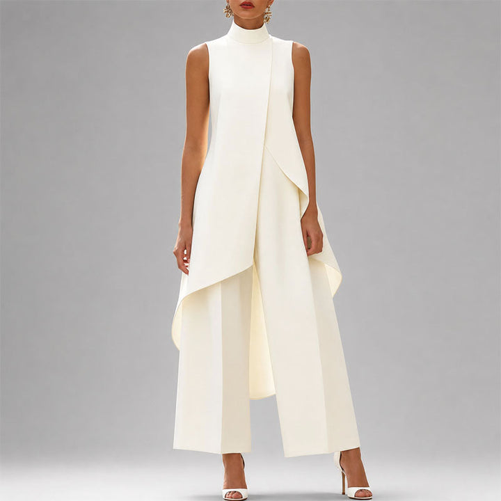 Women's Draped High-Neck Top and Wide-Leg Pants Set