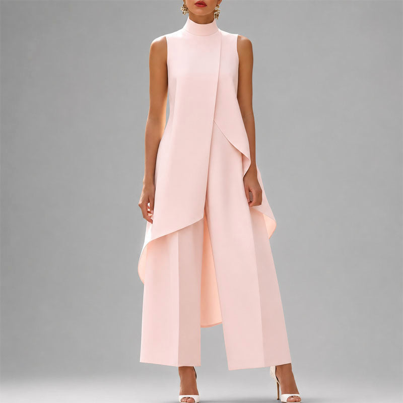 Women's Draped High-Neck Top and Wide-Leg Pants Set