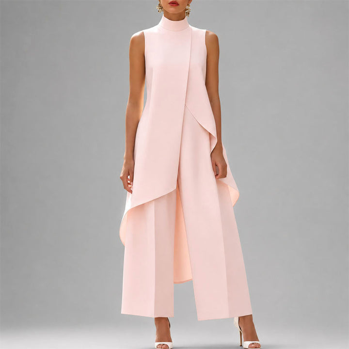 Women's Draped High-Neck Top and Wide-Leg Pants Set