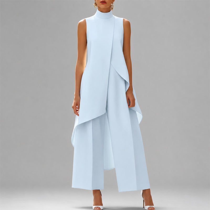 Women's Draped High-Neck Top and Wide-Leg Pants Set
