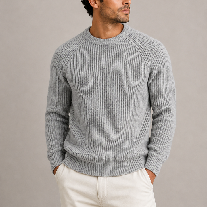 Men's Fisherman Rib Knit Sweater with Round Neckline