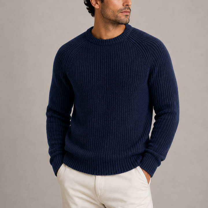 Men's Fisherman Rib Knit Sweater with Round Neckline