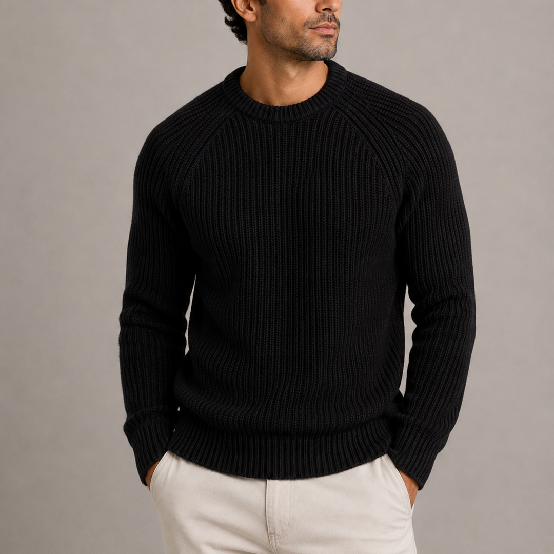 Men's Fisherman Rib Knit Sweater with Round Neckline