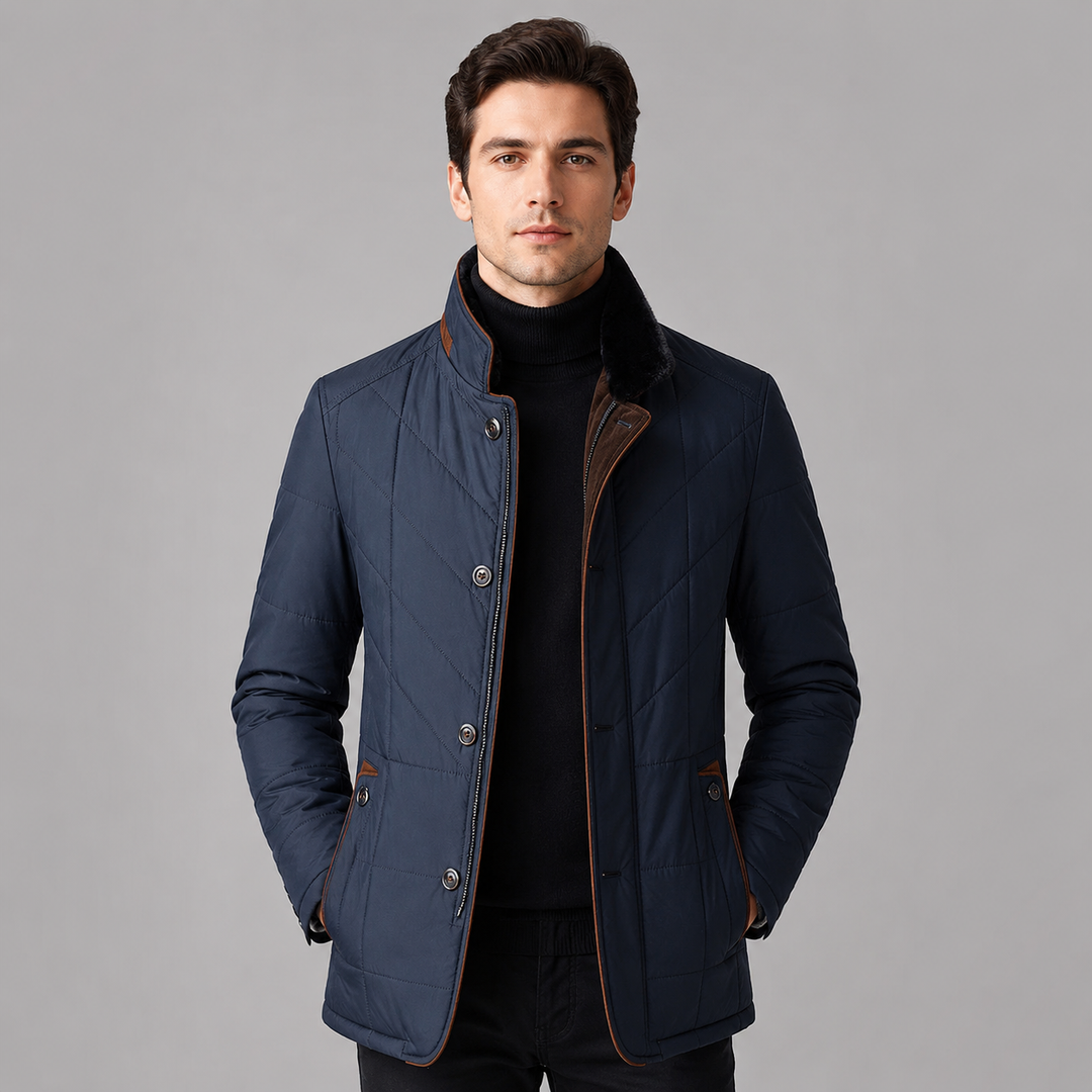Men's Quilted Jacket with Stand Collar and Full-Length Zip