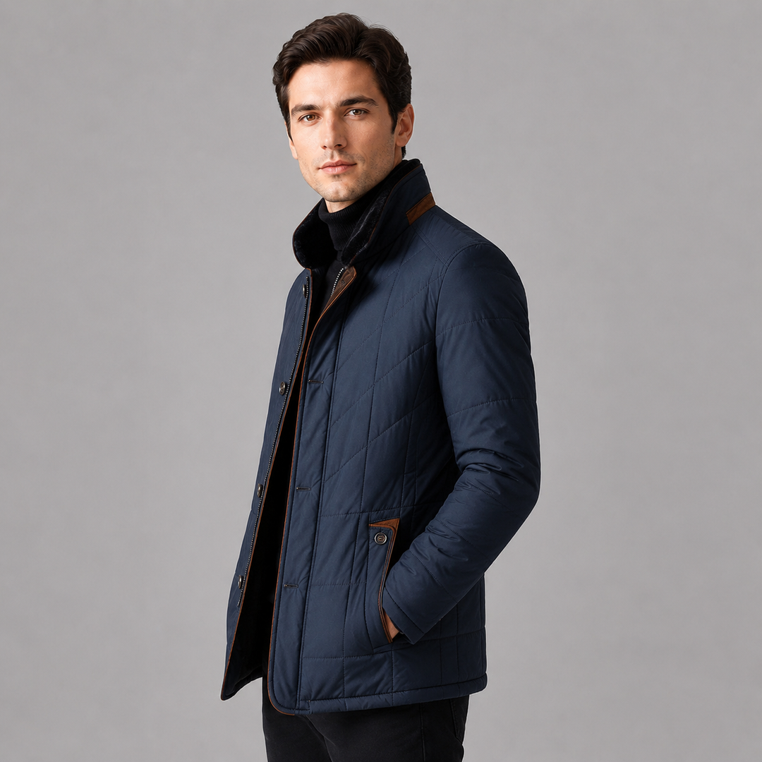 Men's Quilted Jacket with Stand Collar and Full-Length Zip