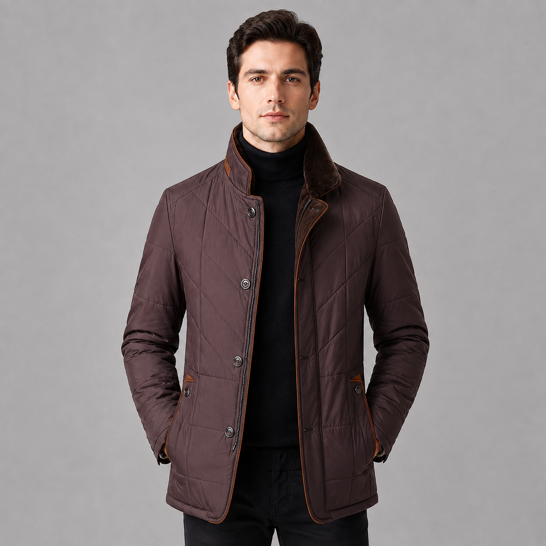 Men's Quilted Jacket with Stand Collar and Full-Length Zip