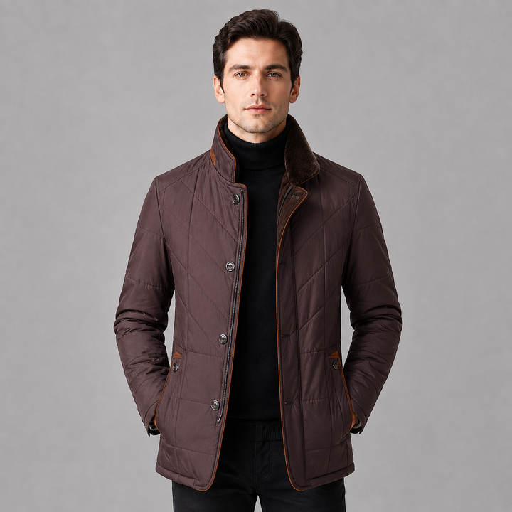 Men's Quilted Jacket with Stand Collar and Full-Length Zip