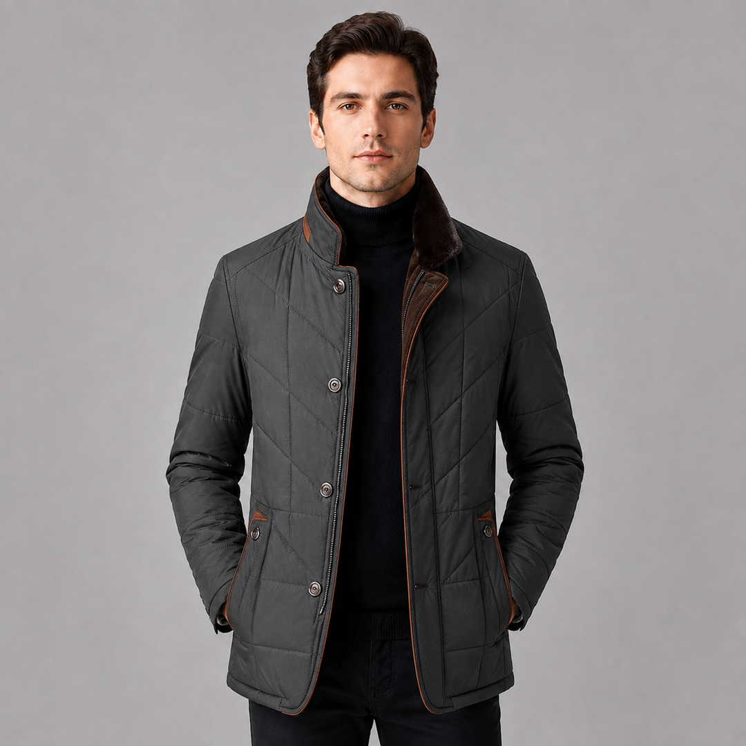 Men's Quilted Jacket with Stand Collar and Full-Length Zip