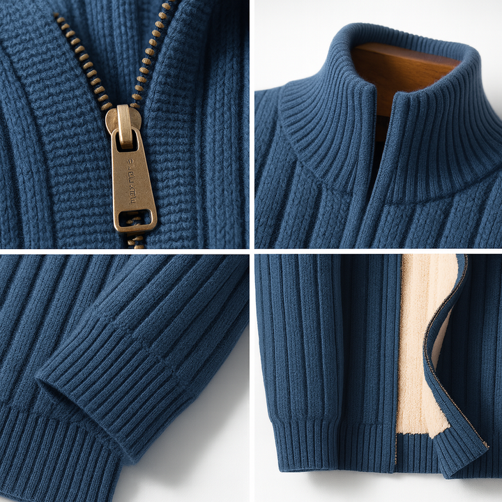 Men's Ribbed Knit Zip Cardigan with Stand Collar
