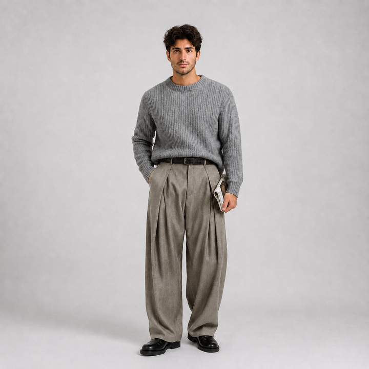 Men's Wide Leg Pleated Dress Pants High Rise