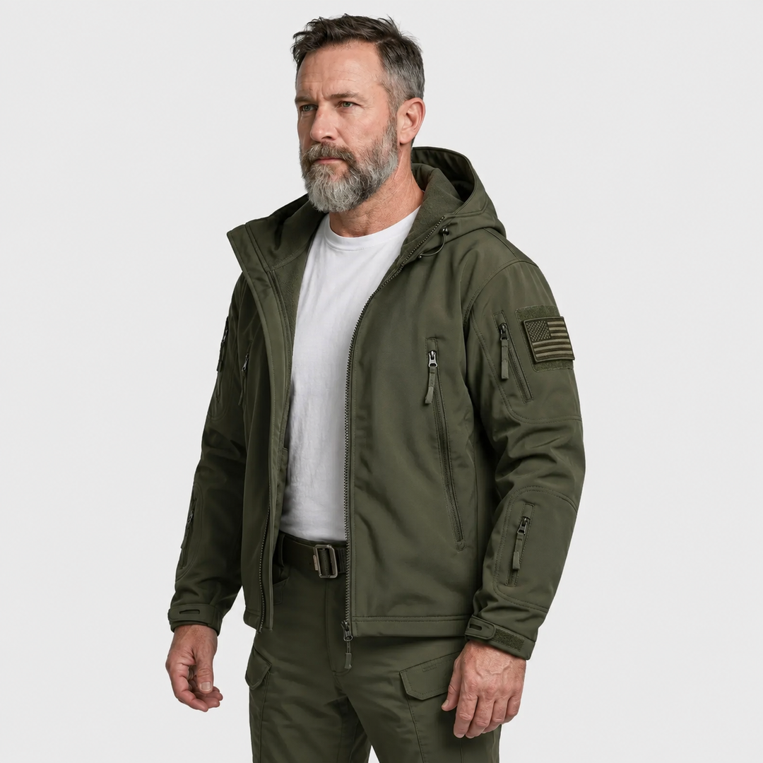 Men's Hooded Tactical Softshell Jacket with Zip Pockets
