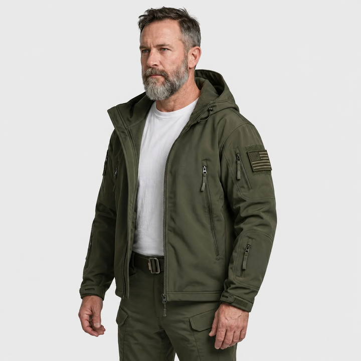 Men's Hooded Tactical Softshell Jacket with Zip Pockets