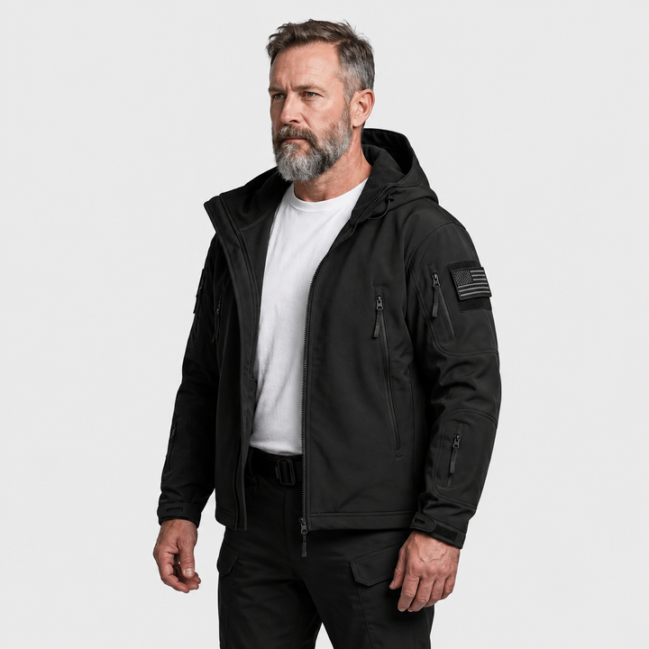Men's Hooded Tactical Softshell Jacket with Zip Pockets